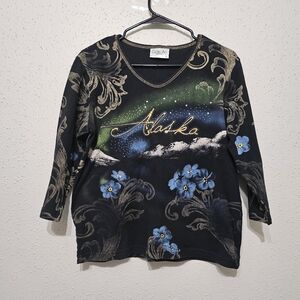 Cactus Bay Alaska Graphic Top XL Made in USA Black Floral 3/4 Sleeve Y2K Vintage
